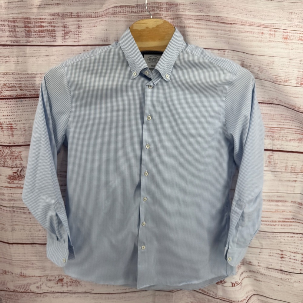 Charles Tyrwhitt Shirt Mens XL Slim‎ Fit Non-Iron Dress Blue Micro Check 17/35 M
